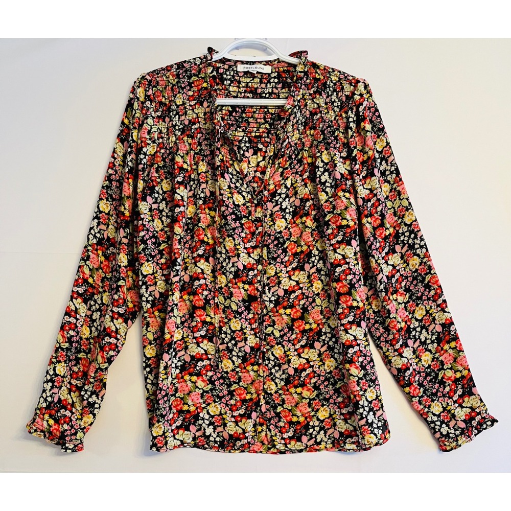 Rose + Olive Boho Floral Fairy Long Sleeve Top Peasant Smocked Detail Size Large
